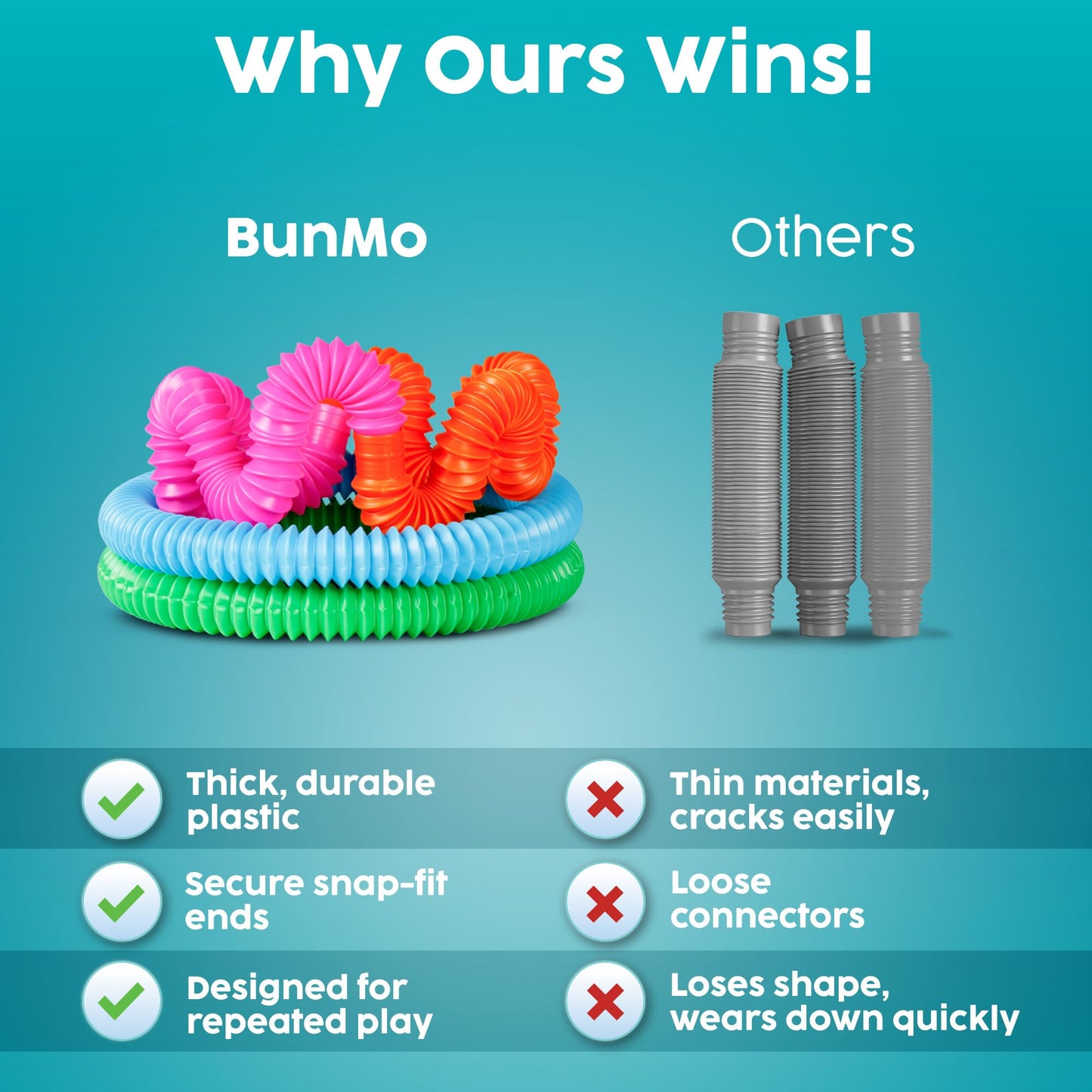 BUNMO Pop Tubes - Sensory Toys - Fidget Toys - Imaginative Play & Stimulating Creative Learning - Hours of Fun for Kids - Tons of Ways to Play - Non-Mouthable Toy 3+ - 4 Pack Large