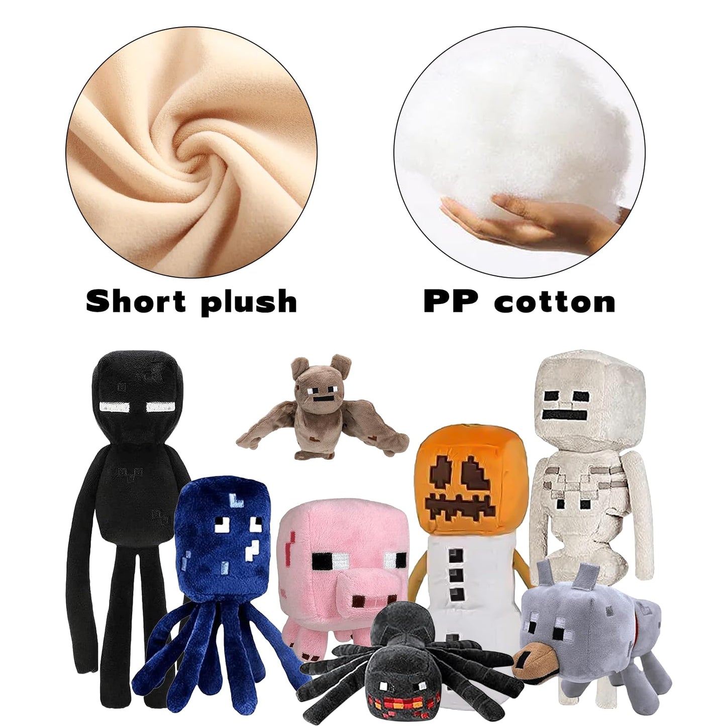 XSLWAN 8Pack Snow Golem Plush, Enderman Plush, Baby Wolf, Baby Pig, Spider, bat, Skeleton Shooter, Squid Stuffed Animals Toys，Great Gift for Children and Fans.