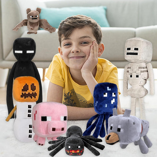 XSLWAN 8Pack Snow Golem Plush, Enderman Plush, Baby Wolf, Baby Pig, Spider, bat, Skeleton Shooter, Squid Stuffed Animals Toys，Great Gift for Children and Fans.