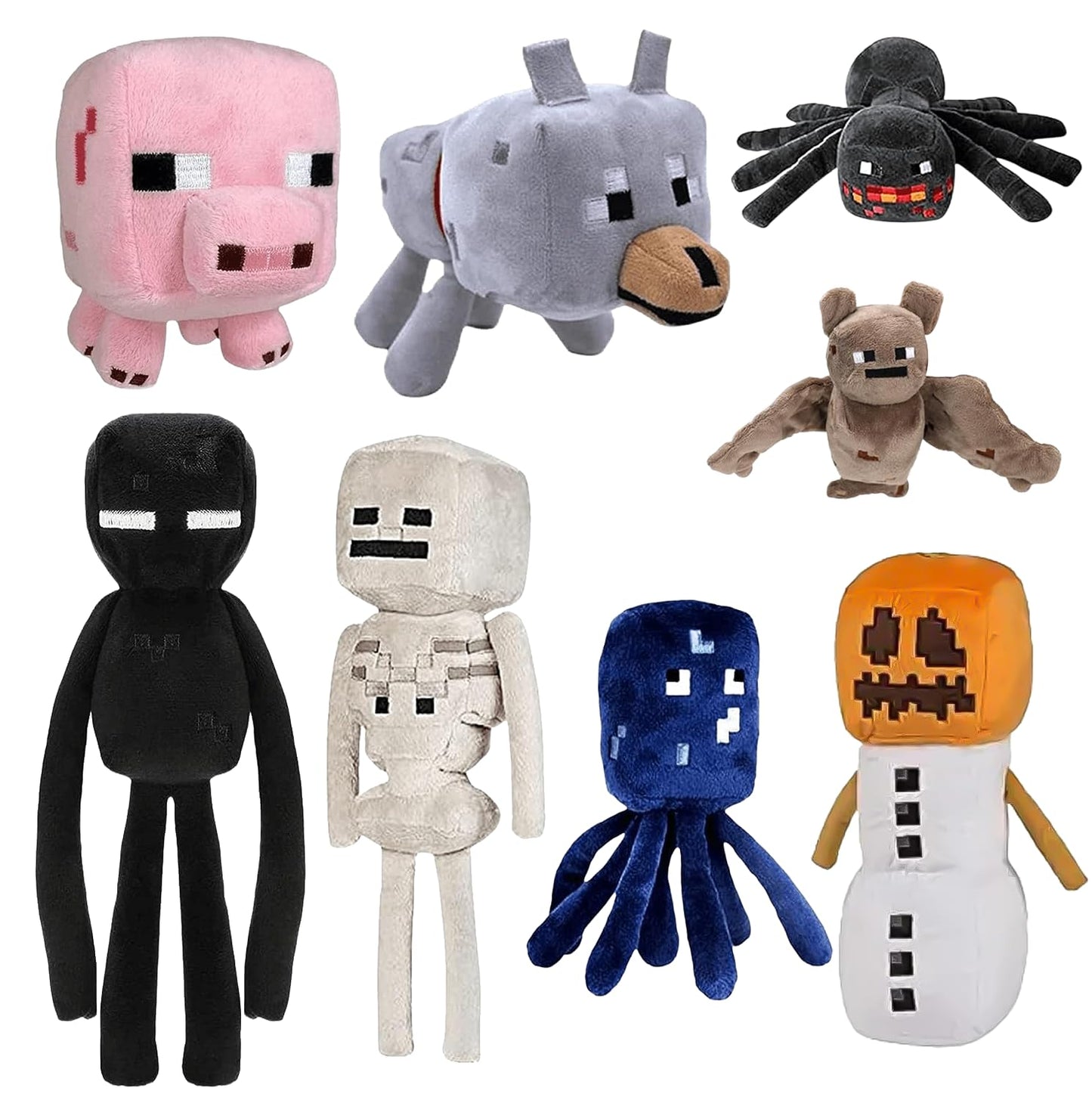 XSLWAN 8Pack Snow Golem Plush, Enderman Plush, Baby Wolf, Baby Pig, Spider, bat, Skeleton Shooter, Squid Stuffed Animals Toys，Great Gift for Children and Fans.